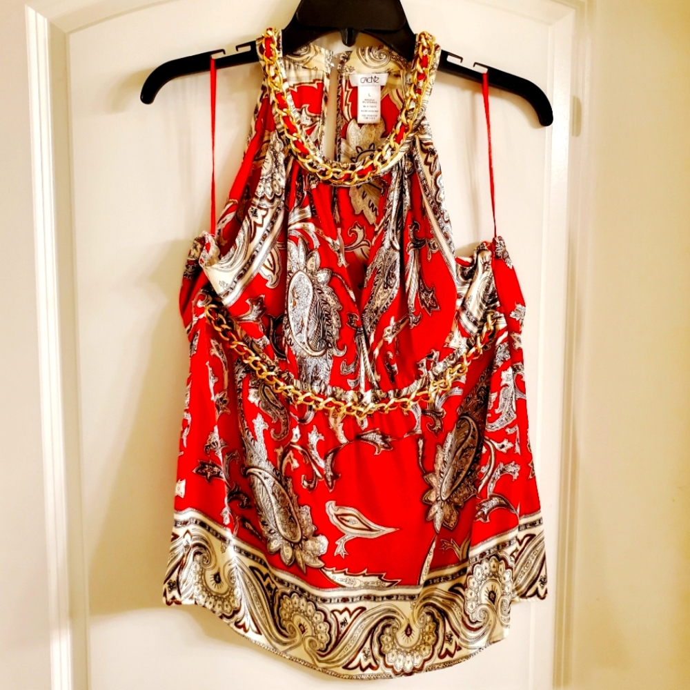 Cache Red Gold Halter Embellished Tank Top